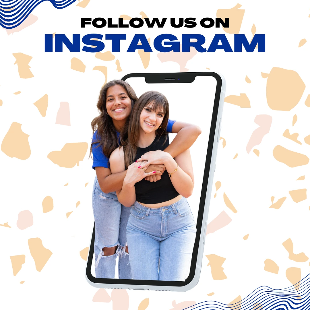 Picture of Iphone with two students in the middle hugging that says follow us on istagram
